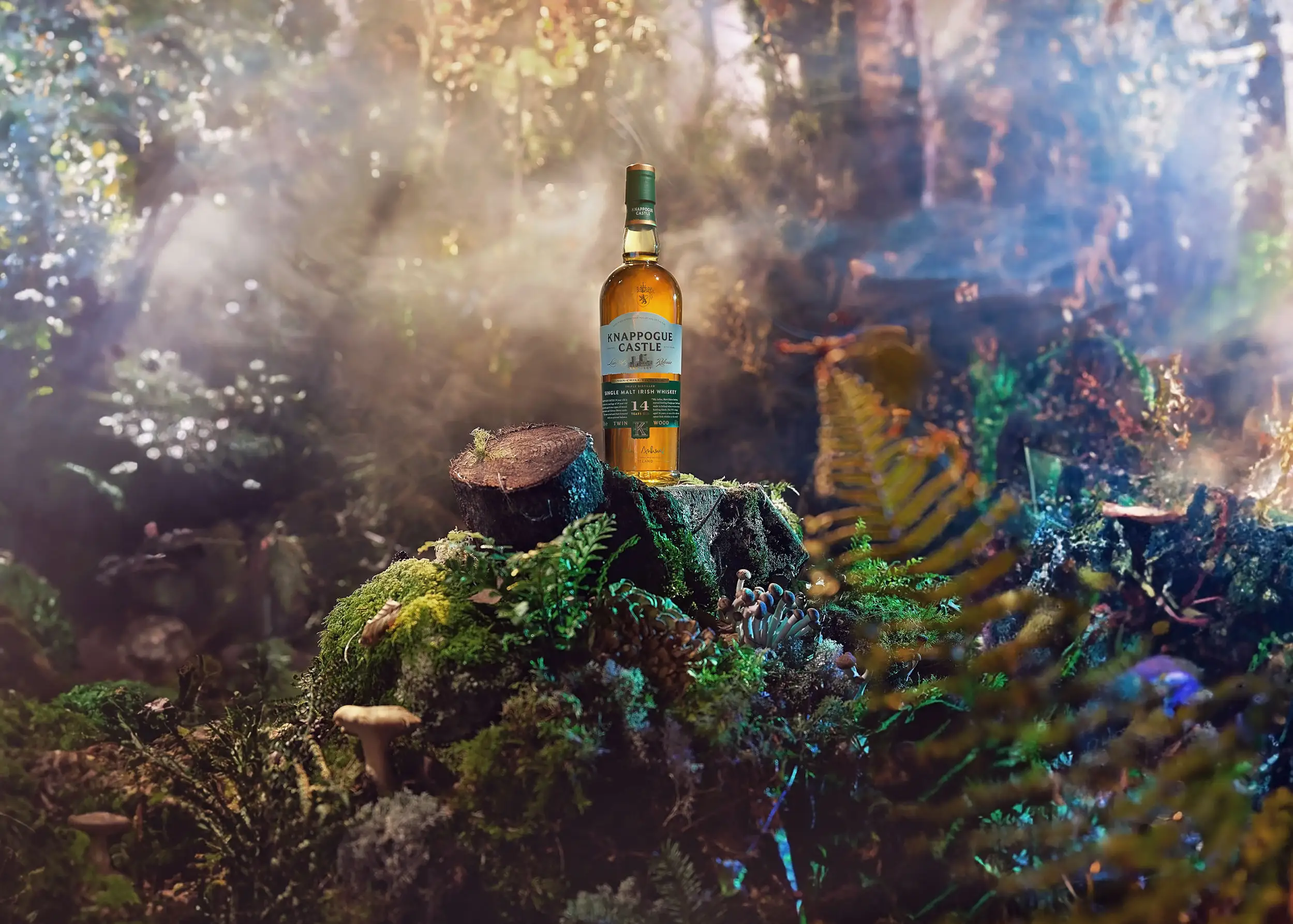 Knappogue Castle Whiskey bottle staged in mossy forest clearing