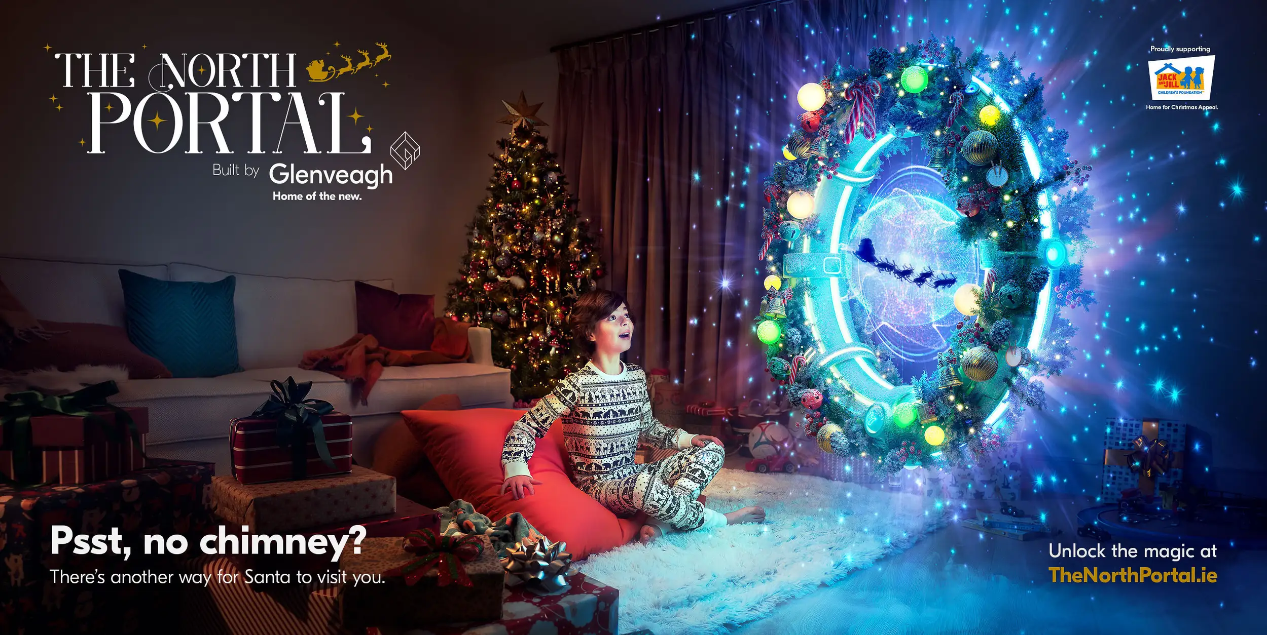 Family decorating Glenveagh Homes Christmas tree in softly lit living room