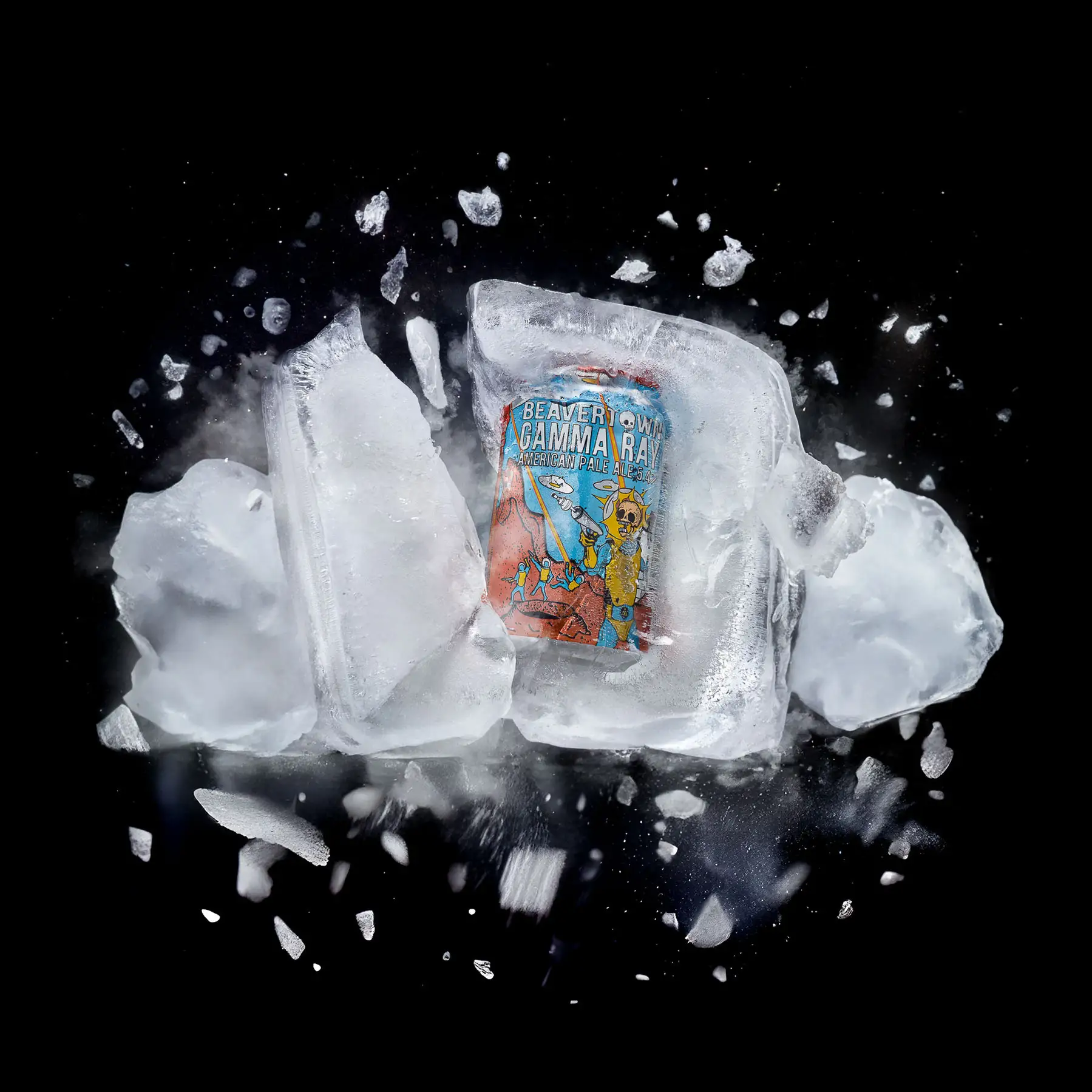 Gamma Ray craft beer can under ultraviolet lighting and vapor haze