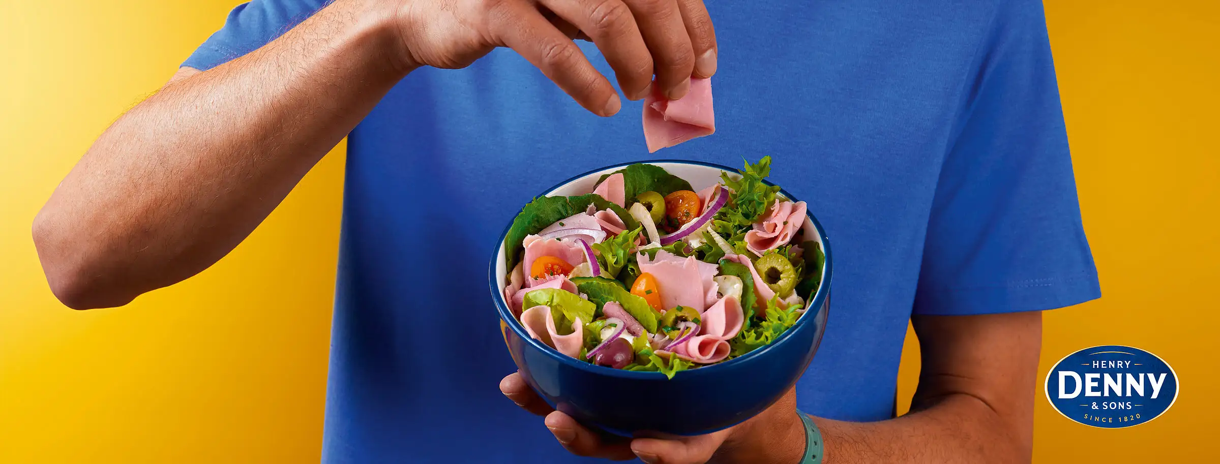 Denny sandwich fixings floating against vibrant yellow background