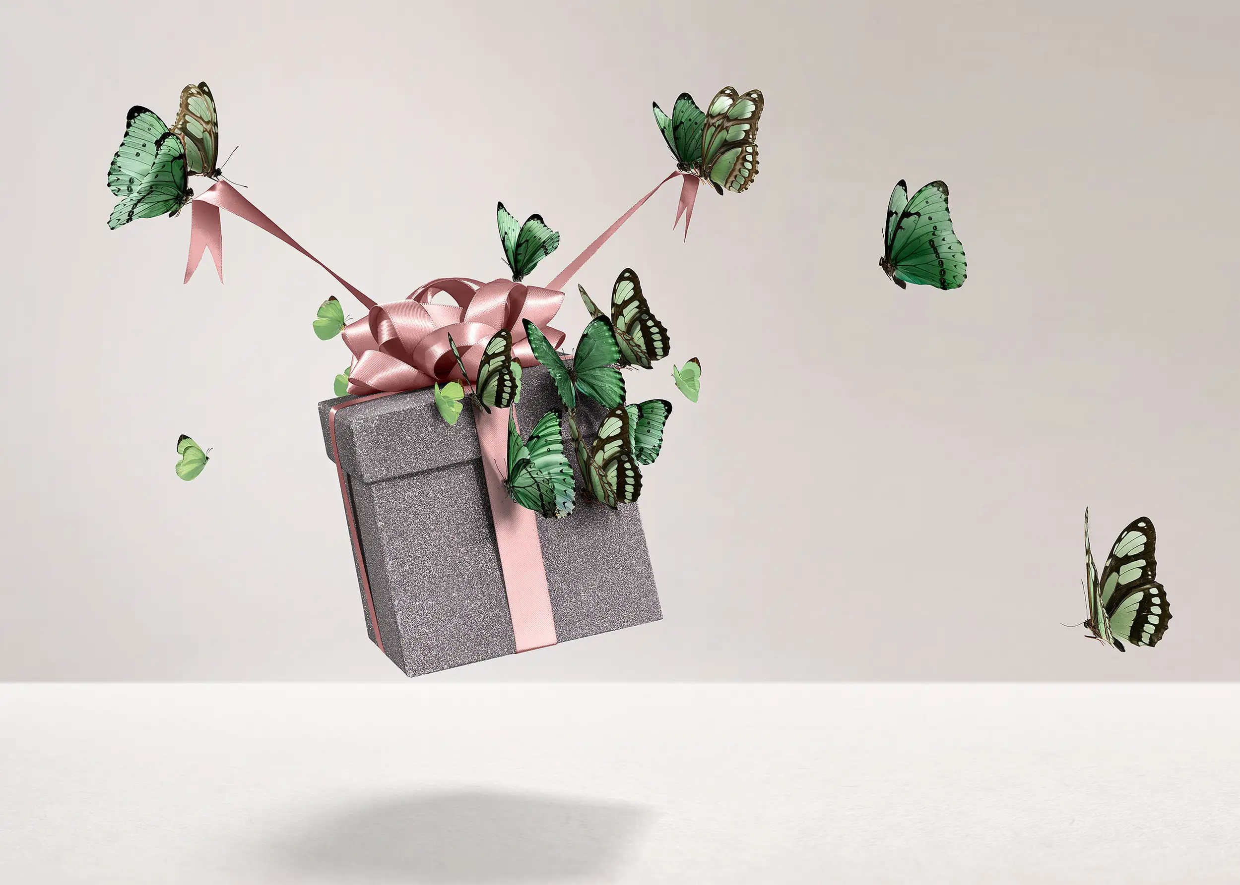 Champion Green gift box with butterfly ribbon and emerald palette