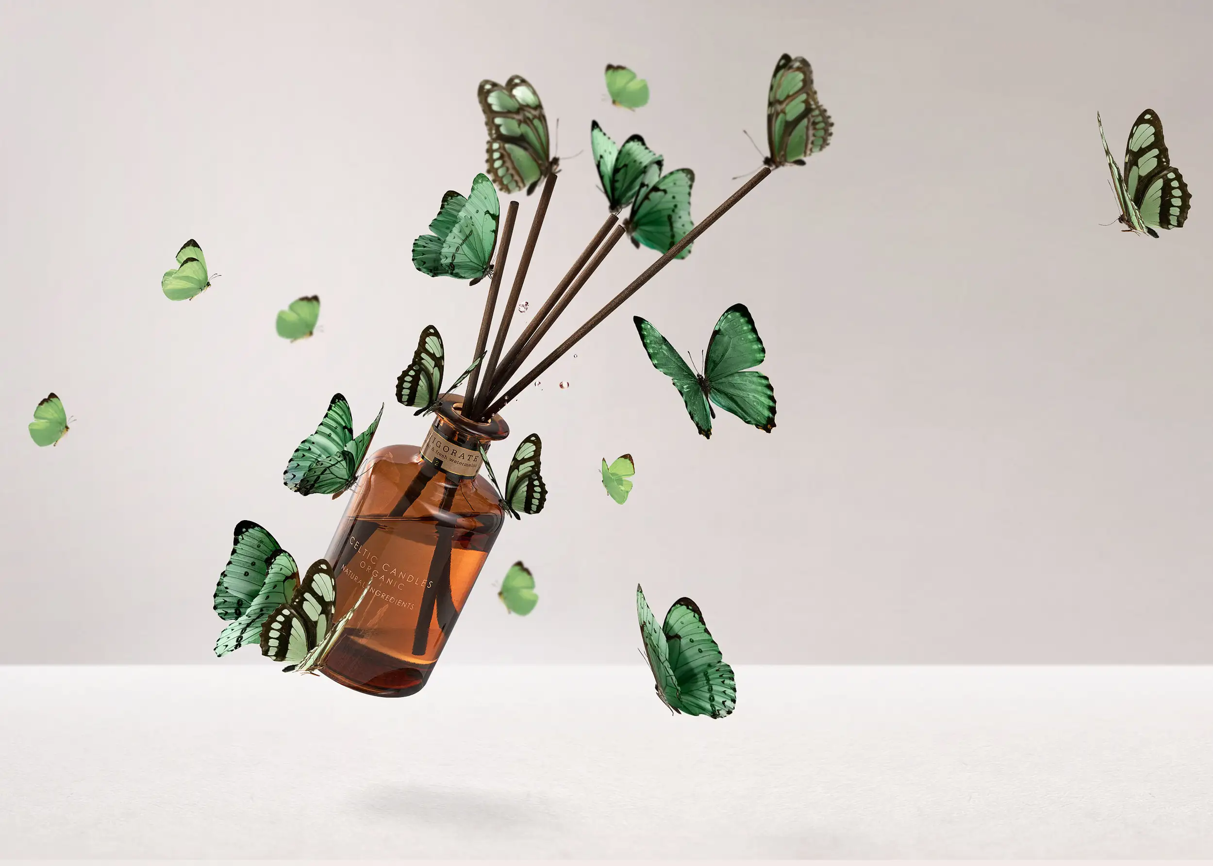 Champion Green reed diffuser styled with botanicals on marble shelf