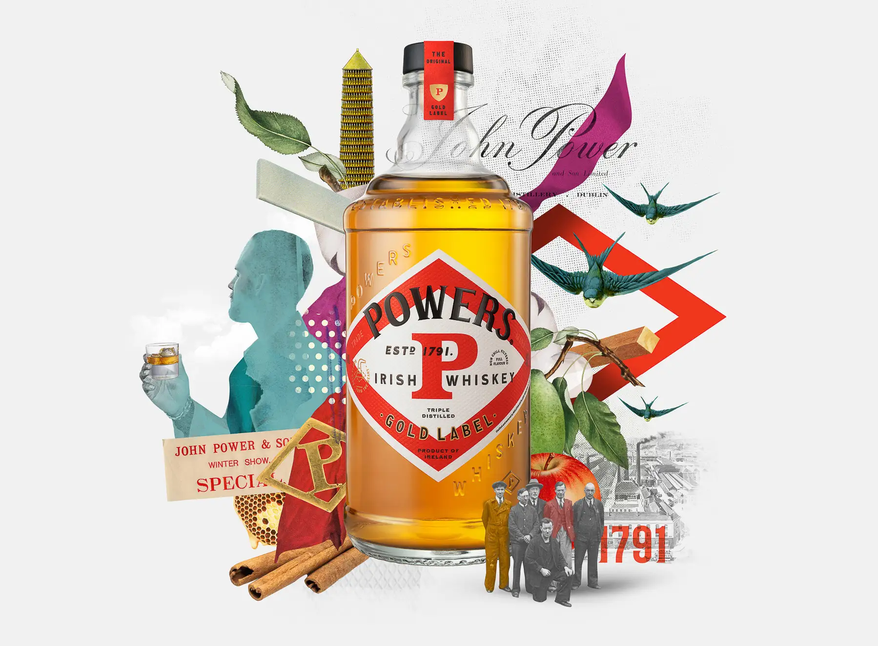 Powers Irish Whiskey collage with layered typography and archival imagery